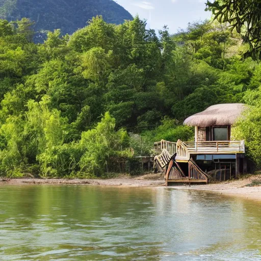 Prompt: A cottage on a river bank Surrounded by trees and mountains in the background and beach chairs in the foreground