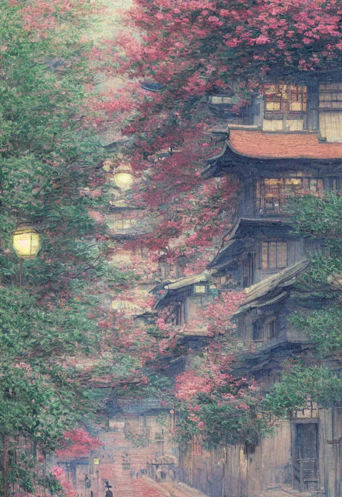 Image similar to a beautiful japanese city in the mountain, amazing ryokans and gorgeous edo era houses, epic cyberpunk, lofi vibe, colorful, vivide colors, amazing light, really beautiful nature, oil painting in impressionist style, by jeremy lipkin, by claude monet, by makoto shinkai, kandinsky touches, multiple brush strokes, inspired by ghibli, masterpiece, beautiful