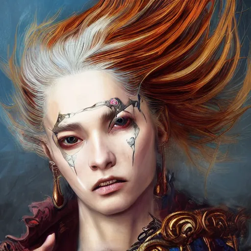 Image similar to portrait, headshot, insanely nice hair style, dramatic hair color, digital painting, of a old 17th century, old cyborg merchant, amber jewels, baroque, ornate clothing, scifi, realistic, hyperdetailed, chiaroscuro, concept art, art by Franz Hals and Jon Foster and Ayami Kojima and Amano and Karol Bak,