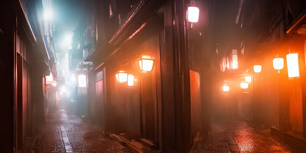 Image similar to a japanese alleyway filled with ghosts, in the style of blade runner 2049, volumetric lighting,