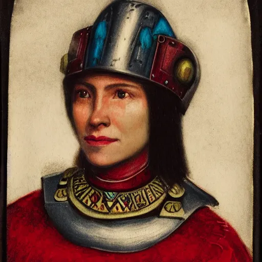 Prompt: head and shoulders portrait of a female knight, incan, tonalist, symbolist, realistic, ambrotype, baroque, brigandine, detailed, modeled lighting, vignetting, turquoise and venetian red, angular, smiling, raven