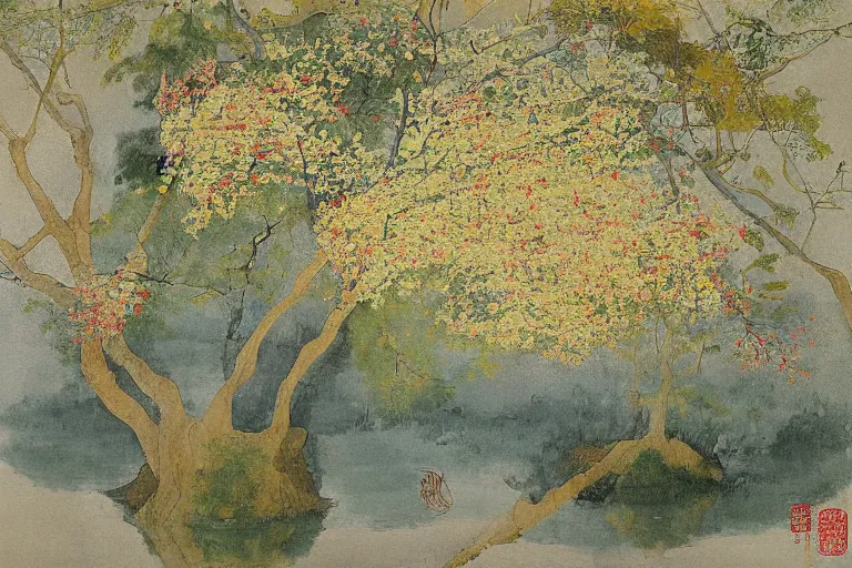 Image similar to an ultradetailed landscape painting of scenic westlake in china hangzhou, light yellow may flowers blossoms nearby, autumn wind, chinese water color, smooth, by hilma af klint