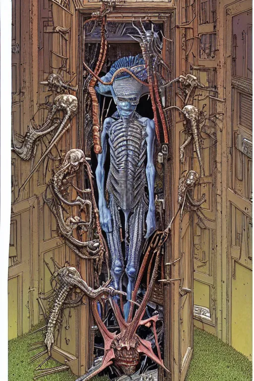 Prompt: a doorway to an impossible dream beyond comprehension, very very detailed painting by geof darrow and greg rutowski and hr giger