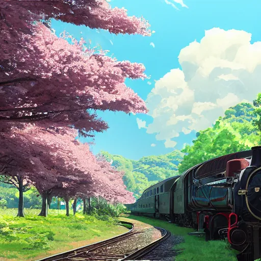 Image similar to concept art painting of a historic transverse view of a steam train, the train carries a cherry tree in flower, realistic, detailed, cel shaded, in the style of makoto shinkai and greg rutkowski and james gurney