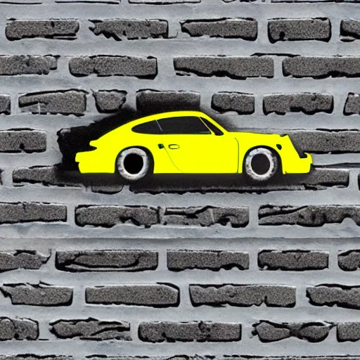 Prompt: sticker on a brickall wall of a porsche 9 1 1 yellow and blue as the sap logo, cartoon style