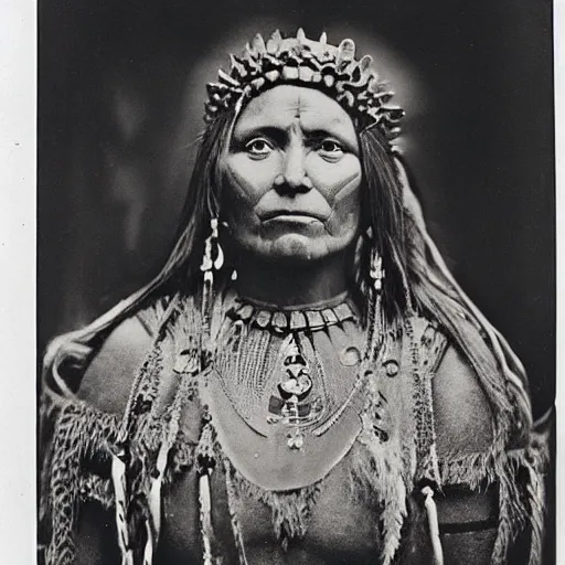 Prompt: vintage photo of a pictish queen by edward s curtis, photo journalism, photography, cinematic, national geographic photoshoot