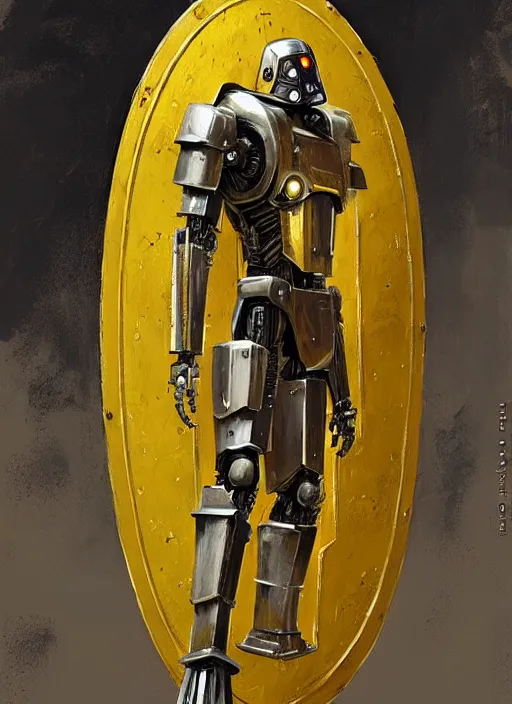 Image similar to human-sized strong intricate yellow pit droid holding paladin medieval shield!!!, pancake short large head painterly humanoid mecha, by Greg Rutkowski