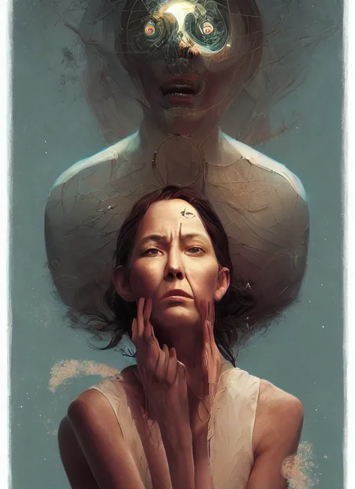 Prompt: it curses us to forever renegotiate the boundaries of the discrete, photorealistic portrait by michael komarck, greg rutkowski, victo ngai, artgerm and j. dickenson