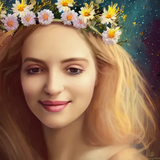 Image similar to close-up of a smiling beautiful female, blonde,, wearing a crown of daisies, beautiful happy face, ethereal, starry, space, magical atmosphere, maximalist, cinematic lighting, cinematic atmosphere, trending on artstation, cgsociety, 8k, high resolution, in the style of Faiza Maghni, David Ligare, Flora Borsi, Daniel Gerhartz,