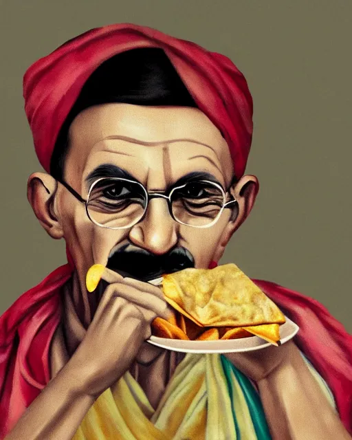 Image similar to a portrait of gandhi eating samosa whilst walking, highly detailed, trending on artstation, bokeh, 9 0 mm, f / 1. 4