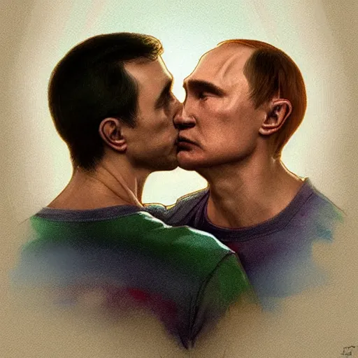 Image similar to Putin kissing his twin Putin wearing a rainbow shirt, LGBTQ, highly detailed, digital painting, artstation, concept art, sharp focus, illustration, art by greg rutkowski and alphonse mucha