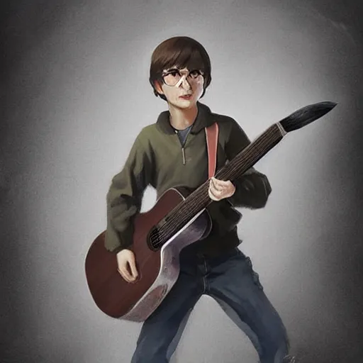 Image similar to a highly detailed epic cinematic concept art CG render digital painting artwork costume design: young Steve Jobs as a student in a 1970sdressed as a hippie playing guitar at a concert. By Greg Rutkowski, Ilya Kuvshinov, WLOP, Stanley Artgerm Lau, Ruan Jia and Fenghua Zhong, trending on ArtStation, made in Maya, Blender and Photoshop, octane render, excellent composition, cinematic atmosphere, dynamic dramatic cinematic lighting, aesthetic, very inspirational, arthouse