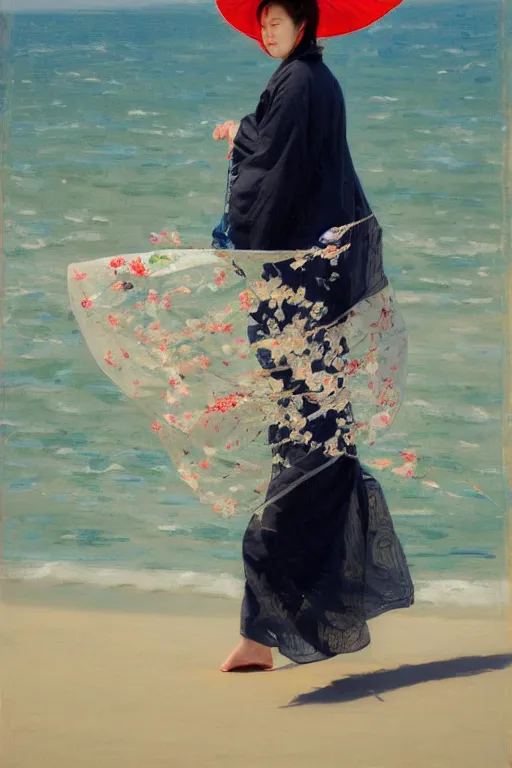 Image similar to wind, koi, kimono, beach, fabric blowing in the wind, sunlight, jeremy lipking, joseph todorovitch