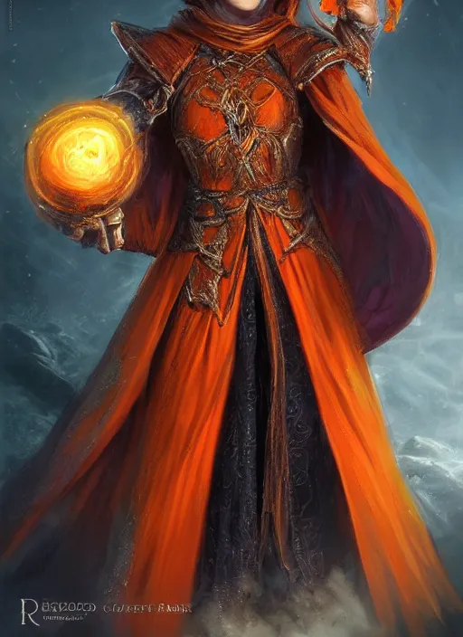 Image similar to dark orange cloak female priest, ultra detailed fantasy, dndbeyond, bright, colourful, realistic, dnd character portrait, full body, pathfinder, pinterest, art by ralph horsley, dnd, rpg, lotr game design fanart by concept art, behance hd, artstation, deviantart, hdr render in unreal engine 5