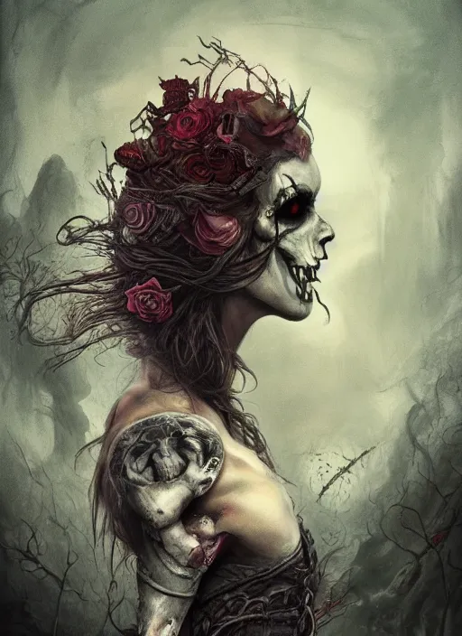 Image similar to Angry Alice in Wonderland, Death Tarot card,highly detailed,half skull face,cinematic,8k,by Stanley Artgermm,Tom Bagshaw,Greg Rutkowski,Carne Griffiths, Ayami Kojima, Beksinski, Giger,trending on DeviantArt,hyper detailed,horror, full of colour