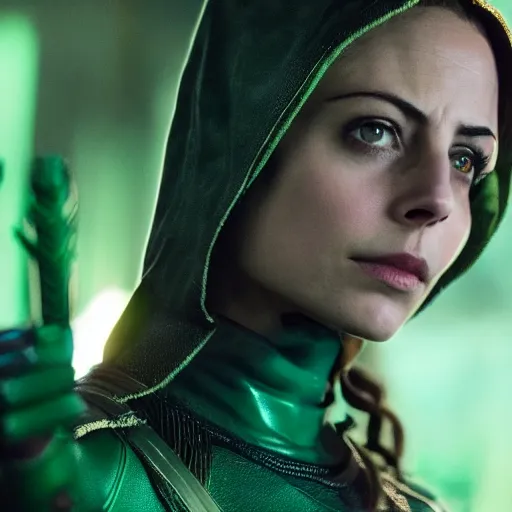 Image similar to film still of willa holland as green arrow in the 2 0 1 7 film justice league, dramatic cinematic lighting, inspirational tone, suspenseful tone, promotional art