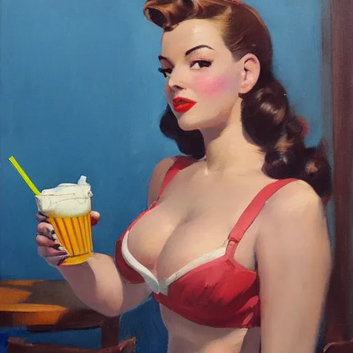 Prompt: greg manchess portrait painting of a sexy beauty 1 9 4 0's pinup drinking a milkshake as overwatch's characters, medium shot, asymmetrical, profile picture, organic painting, sunny day, matte painting, bold shapes, hard edges, street art, trending on artstation, by huang guangjian and gil elvgren and sachin teng