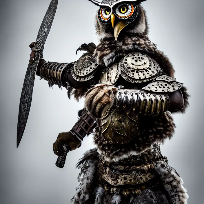 Prompt: full length photo of a warrior with owl themed armour, highly detailed, 4 k, hdr, smooth, sharp focus, high resolution, award - winning photo