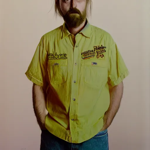 Prompt: a creepy man, emerald green eyes, wearing a faded button up yellow shirt, an embroidered patch that says Foster, head and shoulders shot, Kodak Portra 800 film