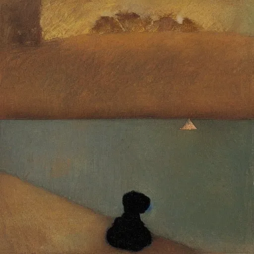 Image similar to a woman and her black and brown chihuahua looking out to sea by odilon redon