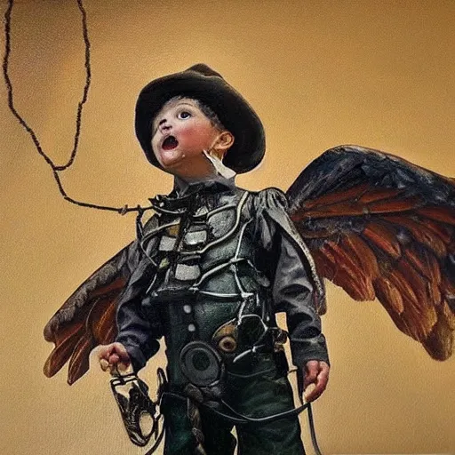 Prompt: realistic oil painting of a steampunk 👼 on wires