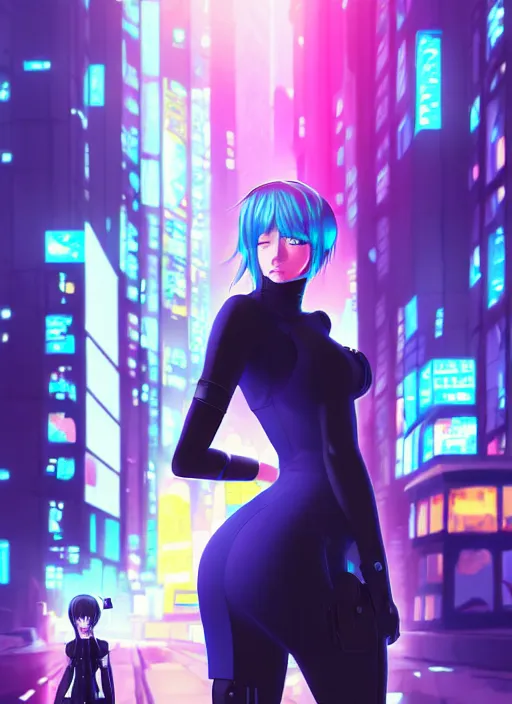 Image similar to hyper realistic photograph of cyberpunk pretty girl with blue hair, wearing a tight black dress, in city street at night, by makoto shinkai, ilya kuvshinov, lois van baarle, rossdraws, basquiat