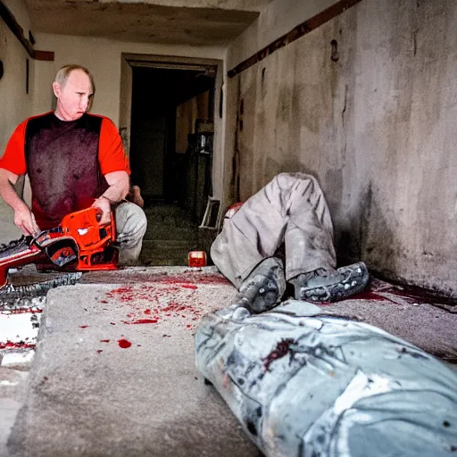 Prompt: putin with a chainsaw and a corpse. in a concrete room, looks like a bunker. focus on putins face with blood splatters. canon eos r 3, f / 1. 4, iso 8 0 0, 1 / 1 6 0 s, 8 k, raw.