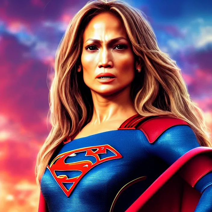 Image similar to jennifer lopez as supergirl. intricate abstract. intricate artwork. by tooth wu, wlop, beeple, dan mumford. octane render, trending on artstation, greg rutkowski very coherent symmetrical artwork. cinematic, hyper realism, high detail, octane render, 8 k, iridescent accents