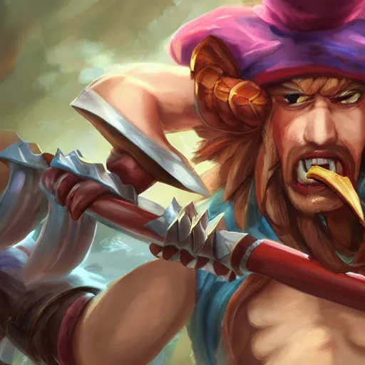 Image similar to league of legends champion angry spoon wielding barbarian wearing chef's hat, detailed, league of legends