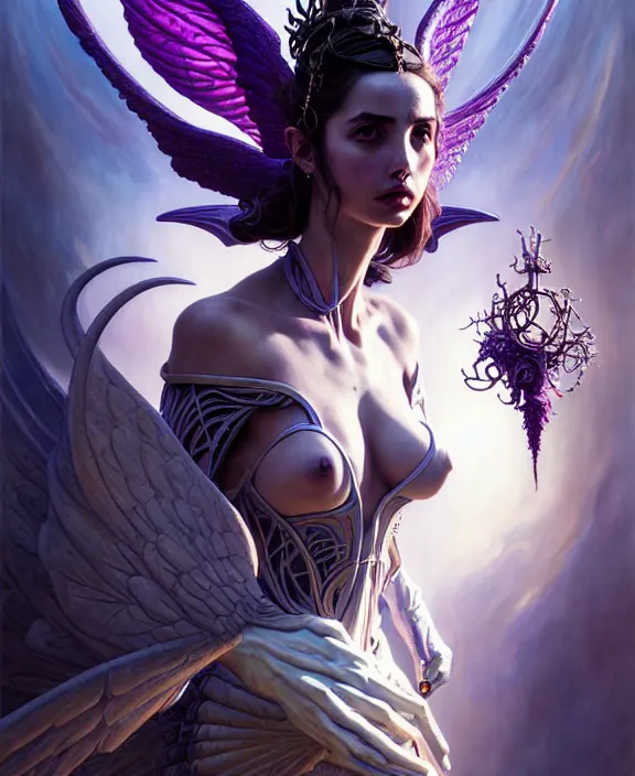 Image similar to beautiful fantasy character portrait, ana de armas, ultra realistic, wide angle, intricate details, the fifth element artifacts, tesseracts, highlights of purple, highly detailed by peter mohrbacher, hajime sorayama, wayne barlowe, boris vallejo, paolo eleuteri serpieri, dishonored 2, white gown, angel wings