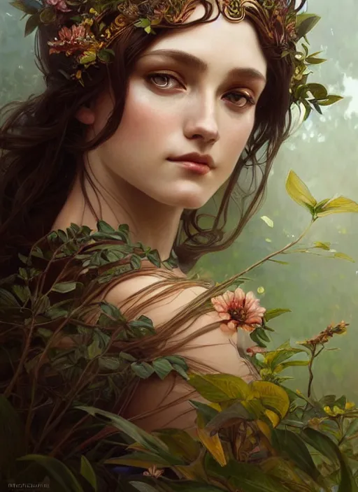 Image similar to portrait of a goddess of nature, half body, perfect face, d & d, fantasy, intricate, elegant, highly detailed, digital painting, artstation, concept art, smooth, sharp focus, illustration, art by artgerm and greg rutkowski and alphonse mucha