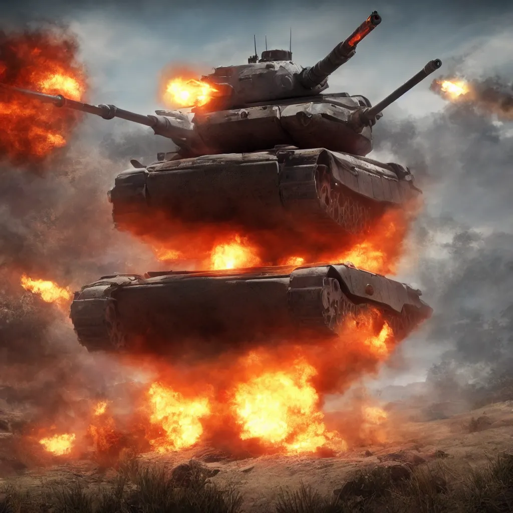 Prompt: tank on the battlefield, highly realistic, high detail, fiery explosion, wispy smoke, wide shot, unreal engine