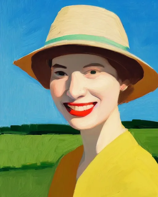 Prompt: portrait of a smiling young woman with sun hat, short hair, light background, colorful, peaceful, by alex katz, close up