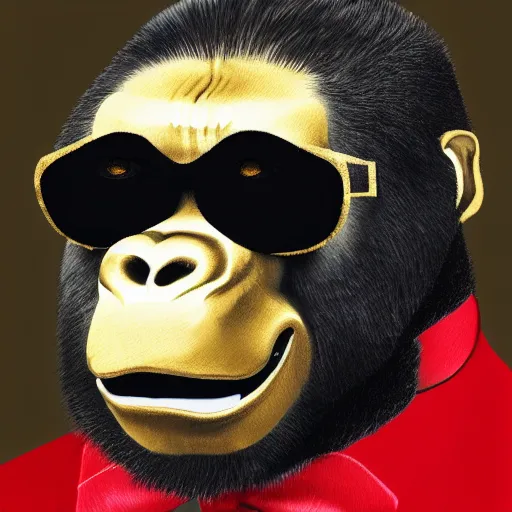 Image similar to a ukiyo style painting of a gorilla wearing a gold chain and wearing shades and wearing a nice black tuxedo wearing a red bow tie, highly detailed, 8 k, concept art,