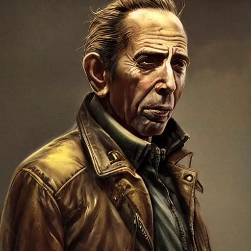 Image similar to a highly detailed epic cinematic concept art CG render digital painting artwork costume design: Humphrey Bogart, old scars, long hair, grizzled, tired and drunk, in an old 1950s leather jacket. By Greg Rutkowski, Ilya Kuvshinov, WLOP, Stanley Artgerm Lau, Ruan Jia and Fenghua Zhong, trending on ArtStation, made in Maya, Blender and Photoshop, octane render, excellent composition, cinematic atmosphere, dynamic dramatic cinematic lighting, aesthetic, very inspirational, arthouse