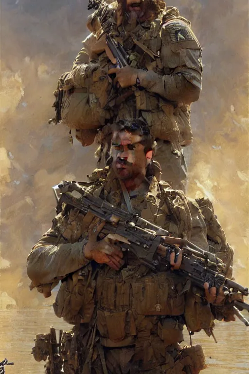 Prompt: decorated navy seal multiple confirmed kills, depressed, highly detailed painting by gaston bussiere, craig mullins, j. c. leyendecker 8 k