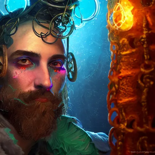 Image similar to an oil art close up portrait of young man, roma mage, with lovecraftian magic in style of disco elysium character, gipsy man jester character design from ravenloft, 4 k, ultra detail, volumetric lighting, unreal engine, octane render