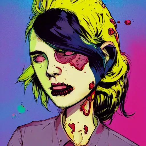 Prompt: Highly detailed portrait of pretty punk zombie young lady with, freckles and beautiful hair by Atey Ghailan, by Loish, by Bryan Lee O'Malley, by Cliff Chiang, inspired by image comics, inspired by graphic novel cover art, inspired by izombie !! Gradient blue and yellow color scheme ((grafitti tag brick wall background)), trending on artstation