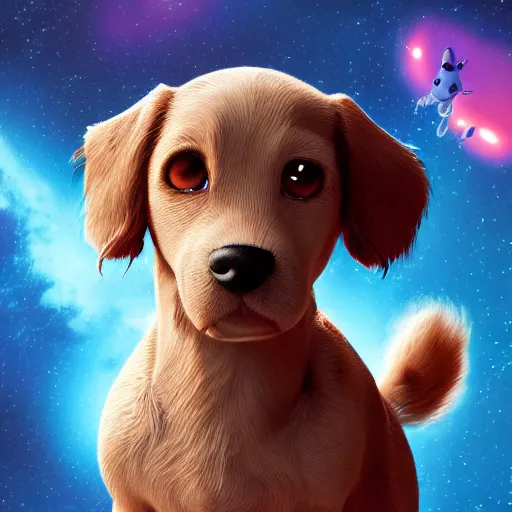 Image similar to dog character 1 1, small puppy, rich dog, high quality image, smart dog, dog with gun, dog in space, illustration, dog in mountain, soft, concept art, intricate details, highly detailed, colorful, photorealistic, disney pixar, octane render, iridescent, anime, 8 k