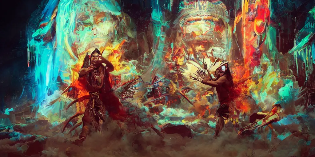 Image similar to of Native American shaman drumming by Liam Wong and Boris Vallejo