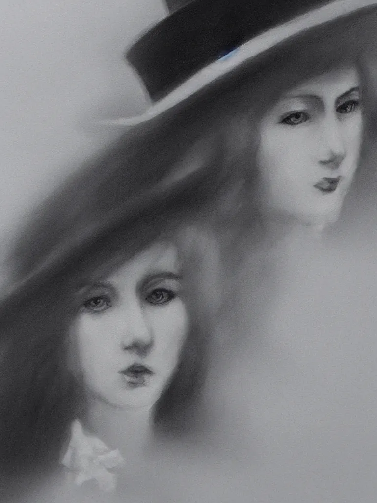 Image similar to Close up portrait of an elegant long haired lady wearing a gentleman suit and tophat in anime style, highly detailed, matte painting, noir, 70s, americana, photorealistic, ethereal ghostly atmosphere