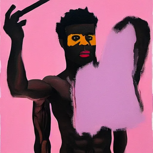 Prompt: A mirror selfie of a black handsome muscular man with white angel wings and black devil horns holding an iPhone, pitchfork, full body, pink background, abstract jean-Michel Basquiat!!!!!!!! oil painting with thick paint strokes!!!!!!!!, oil on canvas, aesthetic, y2k!!!!!!, intricately!!!!!!!! detailed artwork!!!!!!!, trending on artstation, in the style of jean-Michel Basquiat!!!!!!!!!!!!, by jean-Michel Basquiat!!!!!!!!!!!, in the style of jean-Michel Basquiat!!!!!!!!!!!, in the style of jean-Michel Basquiat!!!!!!!!!!!, in the style of jean-Michel Basquiat!!!!!!!!!!!, in the style of jean-Michel Basquiat!!!!!!!!!!!, in the style of jean-Michel Basquiat!!!!!!!!!!!