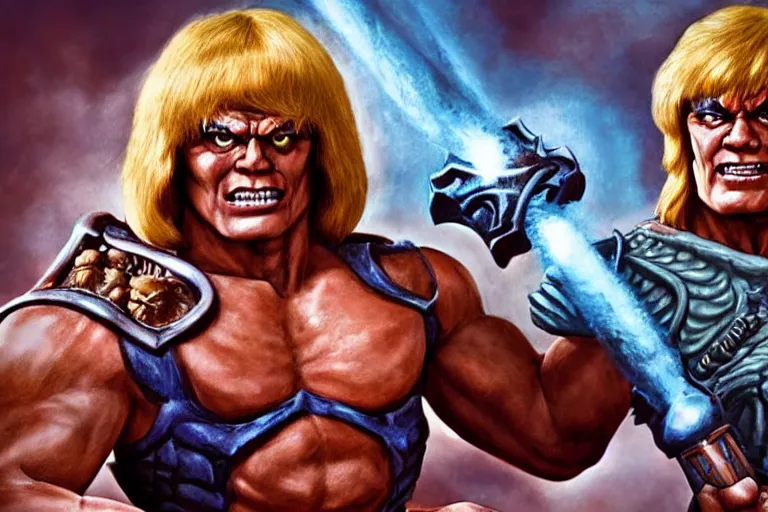 Image similar to realistic he - man, holding the power of grayskull, award winning photo, hd, high detailed