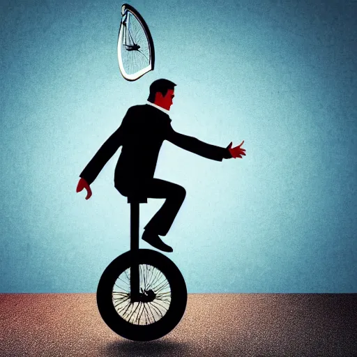 Prompt: man riding a unicycle on the edge of a knife , circus background