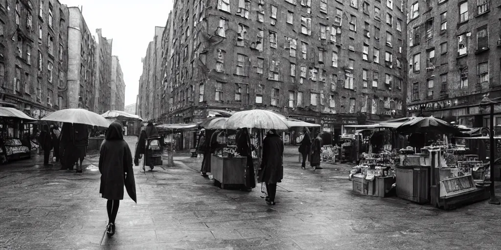 Image similar to medium shot of lonely market stall with umbrellas and sadie sink in hoodie. in ruined square, pedestrians on both sides. steampunk tenements in background : 3 5 mm film, anamorphic, from schindler's list by steven spielberg. cyberpunk, cinematic atmosphere, detailed and intricate, perfect anatomy