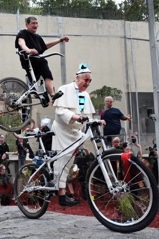 Image similar to a photo of the pope doing trial bike stunts