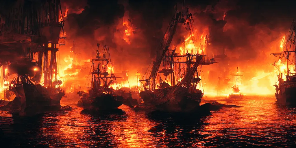 Prompt: pirate ships at war at night, smoke, fire, chaos, photo realistic, 8k, artstation, Blade runner, neon signs in the distance, dark, cinematic, high contrast, epic