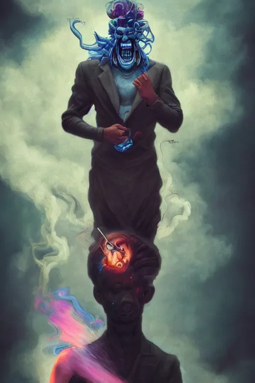 Prompt: portrait of a man with smoke demon coming from mouth, by artgerm, tom bagshaw, gerald brom, vaporwave!, vaporwave colors!, lo fi colors, vaporwave!, lo fi, 4 k, hd,