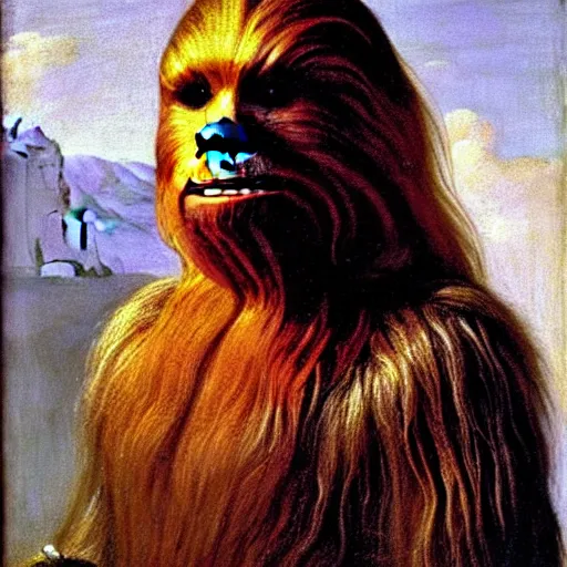 Prompt: portrait of chewbacca by vermeer, dutch baroque, beautiful natural light, oil on canvas