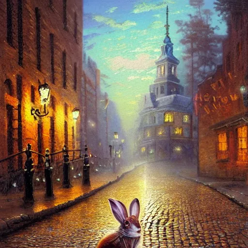 Prompt: a beautiful painting of a steampunk rabbit standing his back legs on a street paved with cobblestones and warm streetlights, by Thomas Kinkade